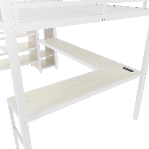 Queen Size White Wood Grain Metal Loft Bed with Desk and Wardrobe D574078