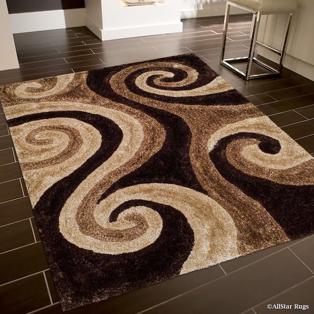 Shaggy Area Rug with 3D Brown Spiral Design 5' x 7' I785428