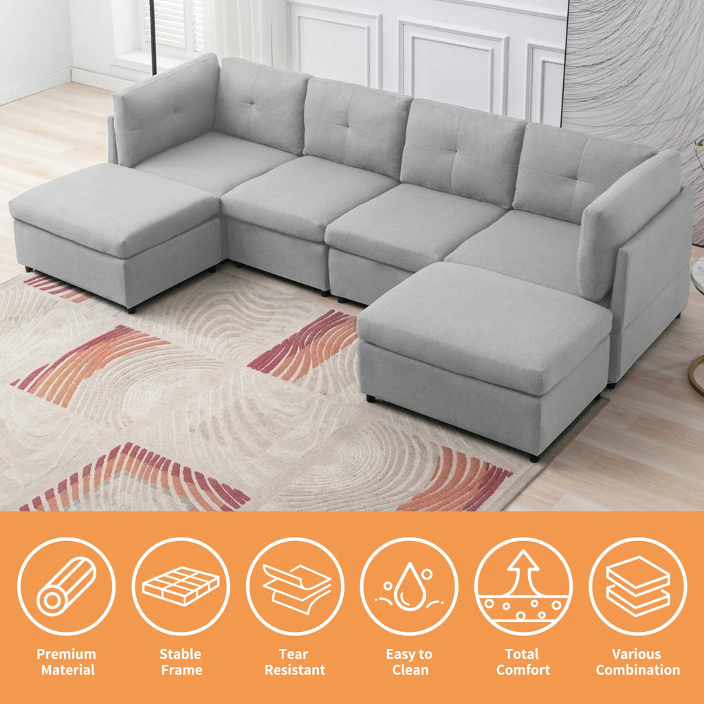 118" Convertible Linen Sectional Sofa with Ottomans E898193