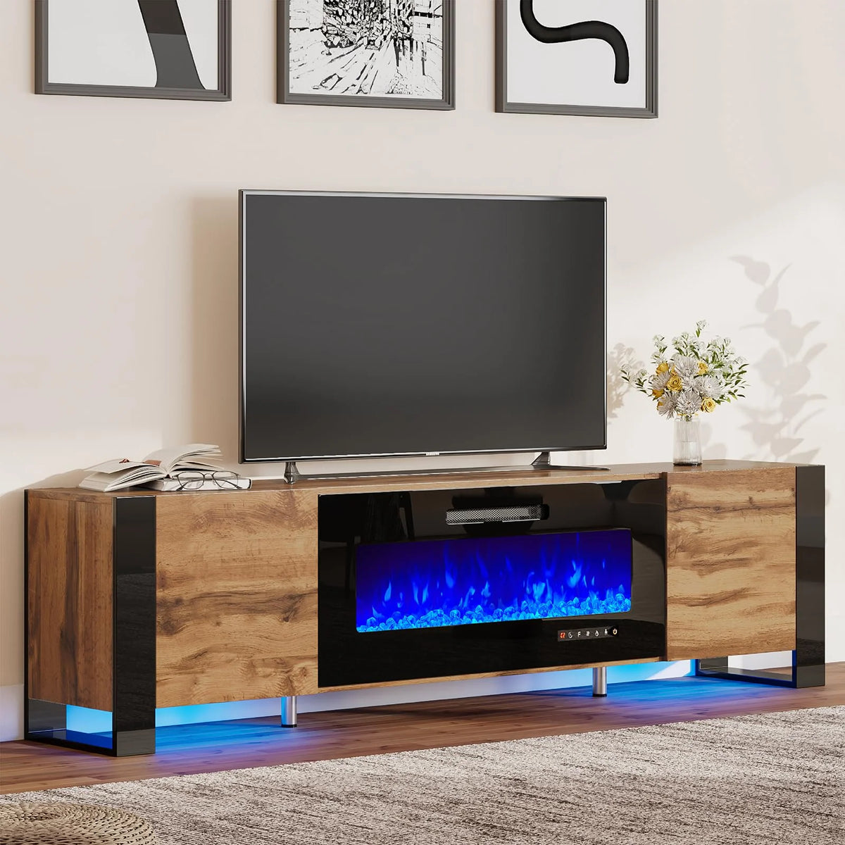 80" Fireplace TV Stand with LED Lights, Rustic Oak K701502