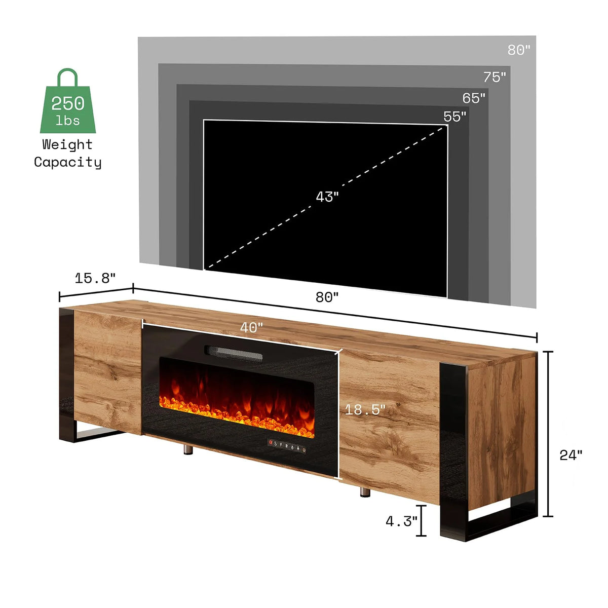 80" Fireplace TV Stand with LED Lights, Rustic Oak K701502