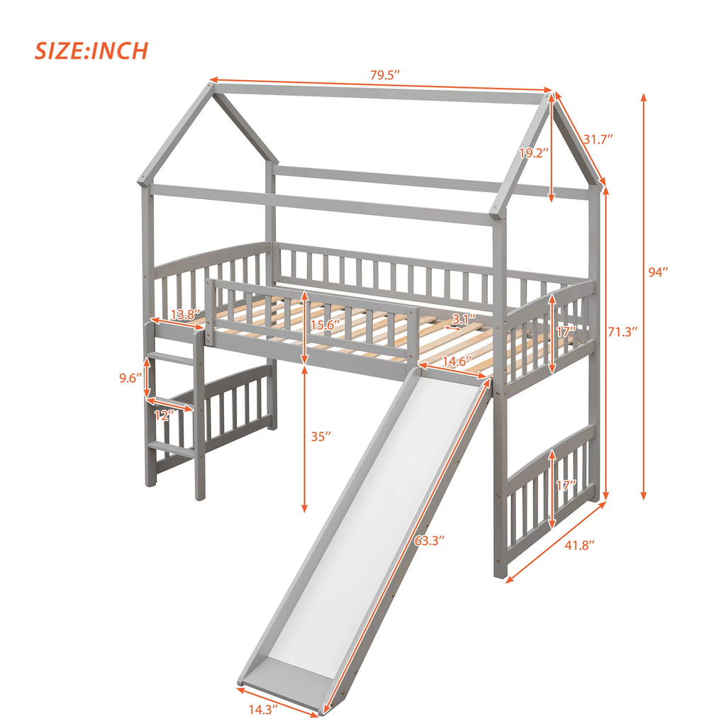 Gray Twin Wood Loft Bed with Slide and Ladder Y4942
