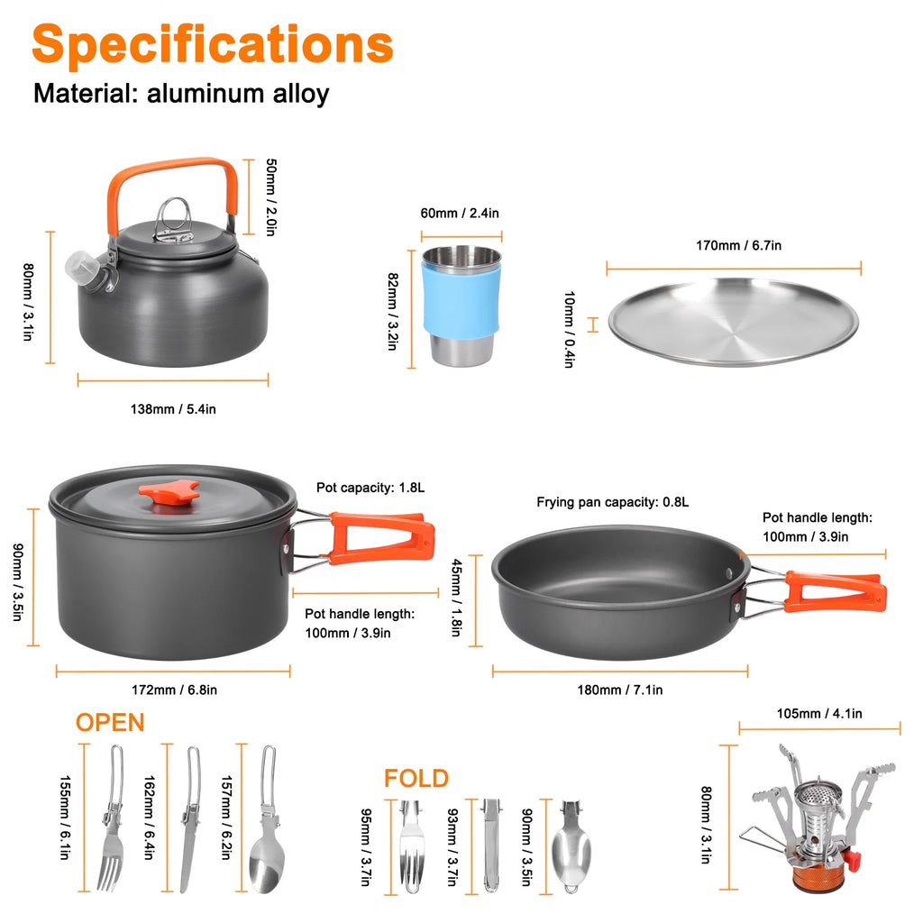 Aluminum Alloy Camping Cookware Set with Pot Frying Pan Kettle Cups N74726