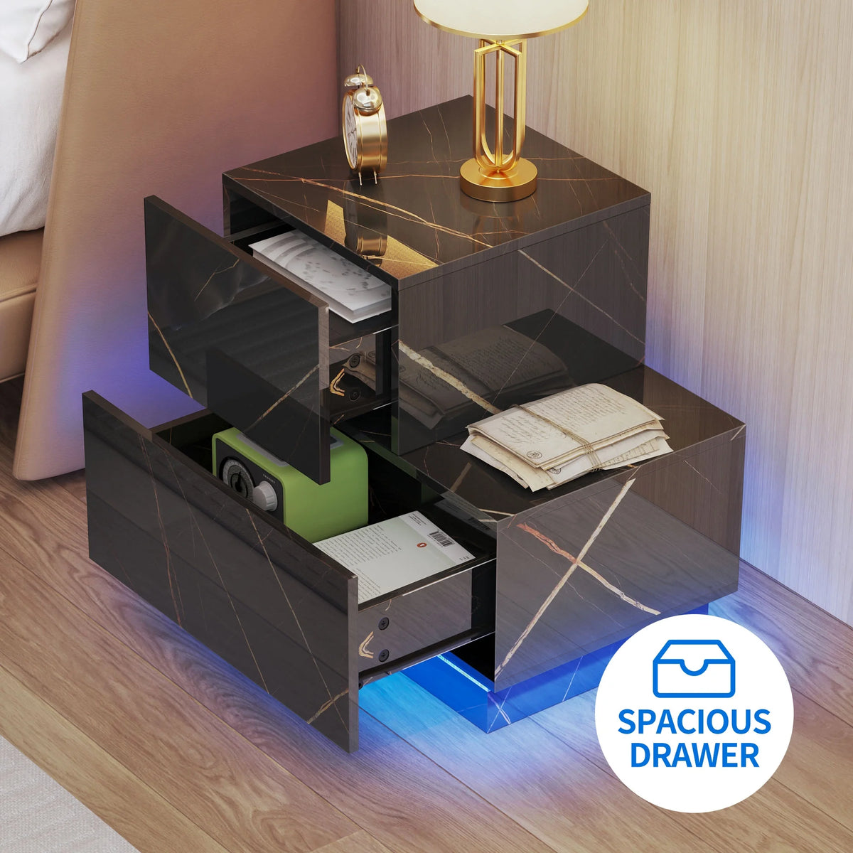 Set of 2 LED Nightstand with 2 Drawers E370535