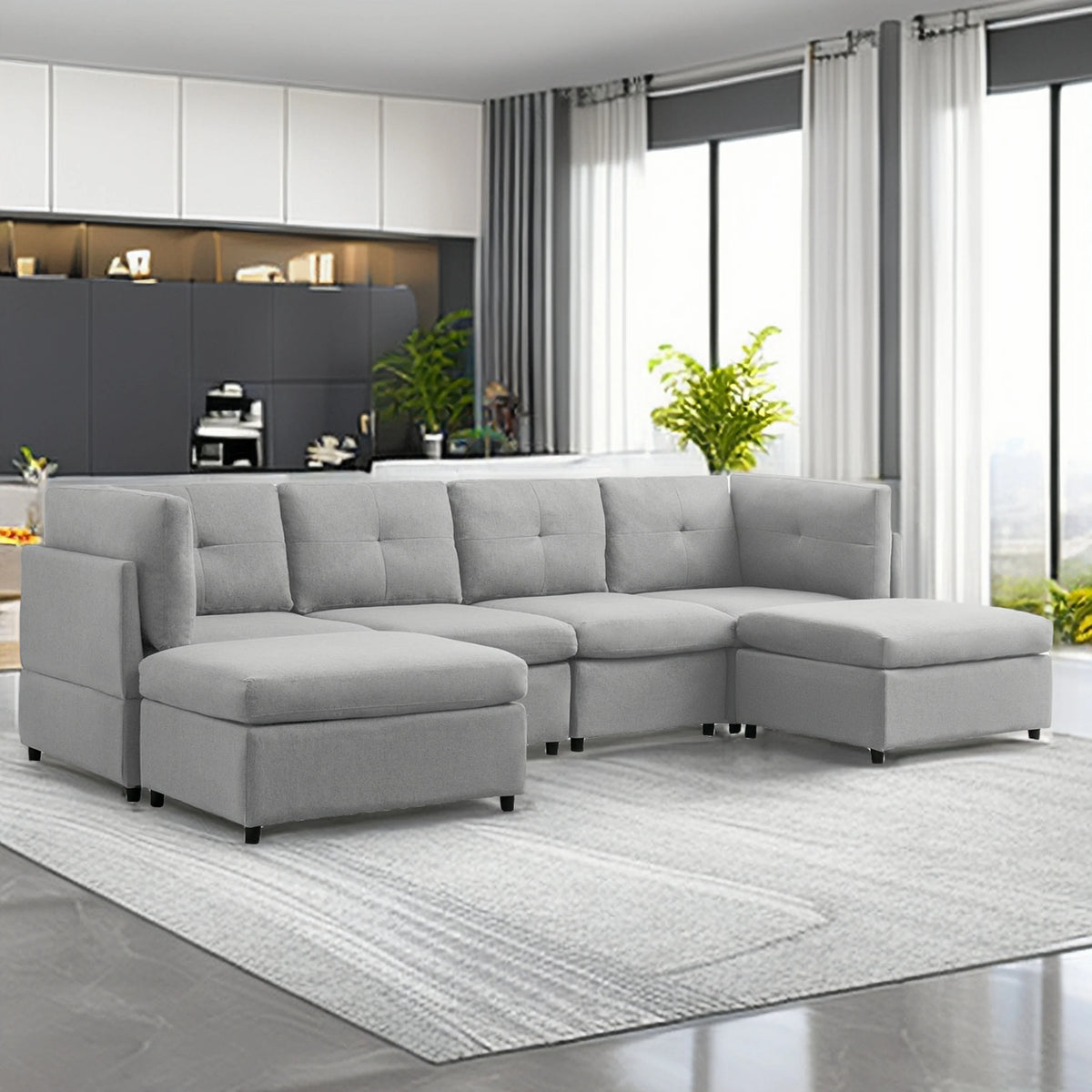 118" Convertible Linen Sectional Sofa with Ottomans E898193