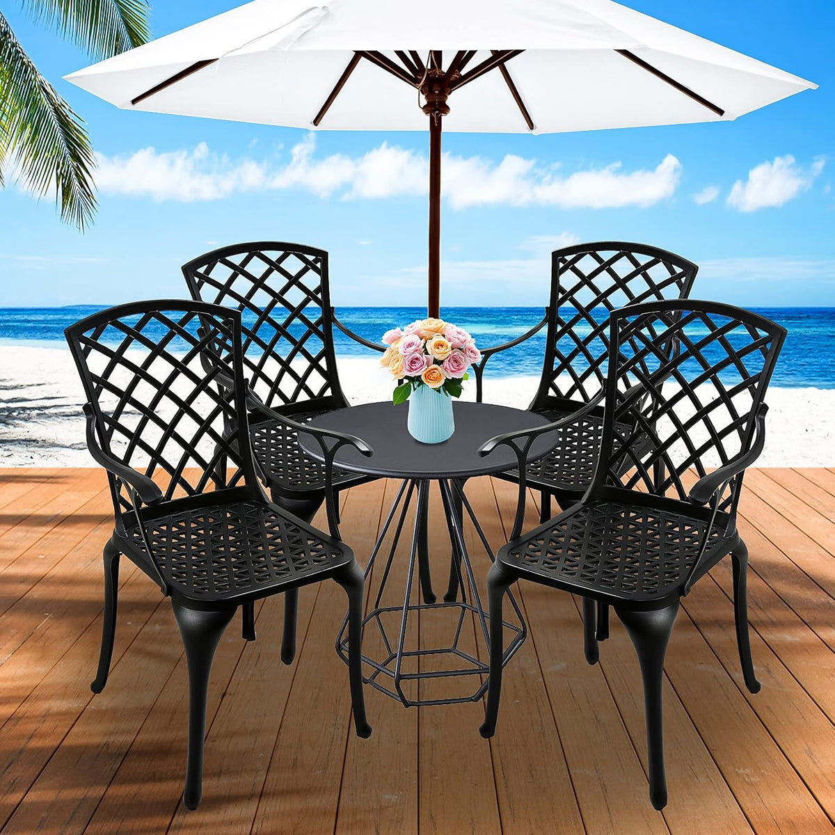 Black Cast Aluminum Outdoor Dining Arm Chairs, Set of 4 O78677