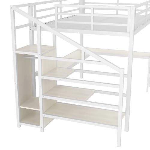 Queen Size White Wood Grain Metal Loft Bed with Desk and Wardrobe D574078