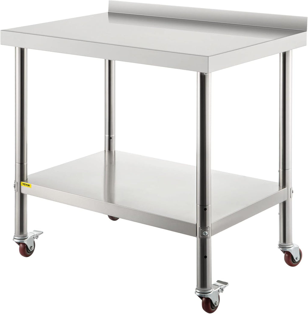 Stainless Steel Prep Table, 30 x 24 x 35 Inch, 440lbs Load Capacity, with Backsplash, Adjustable Undershelf & 4 Casters I8110