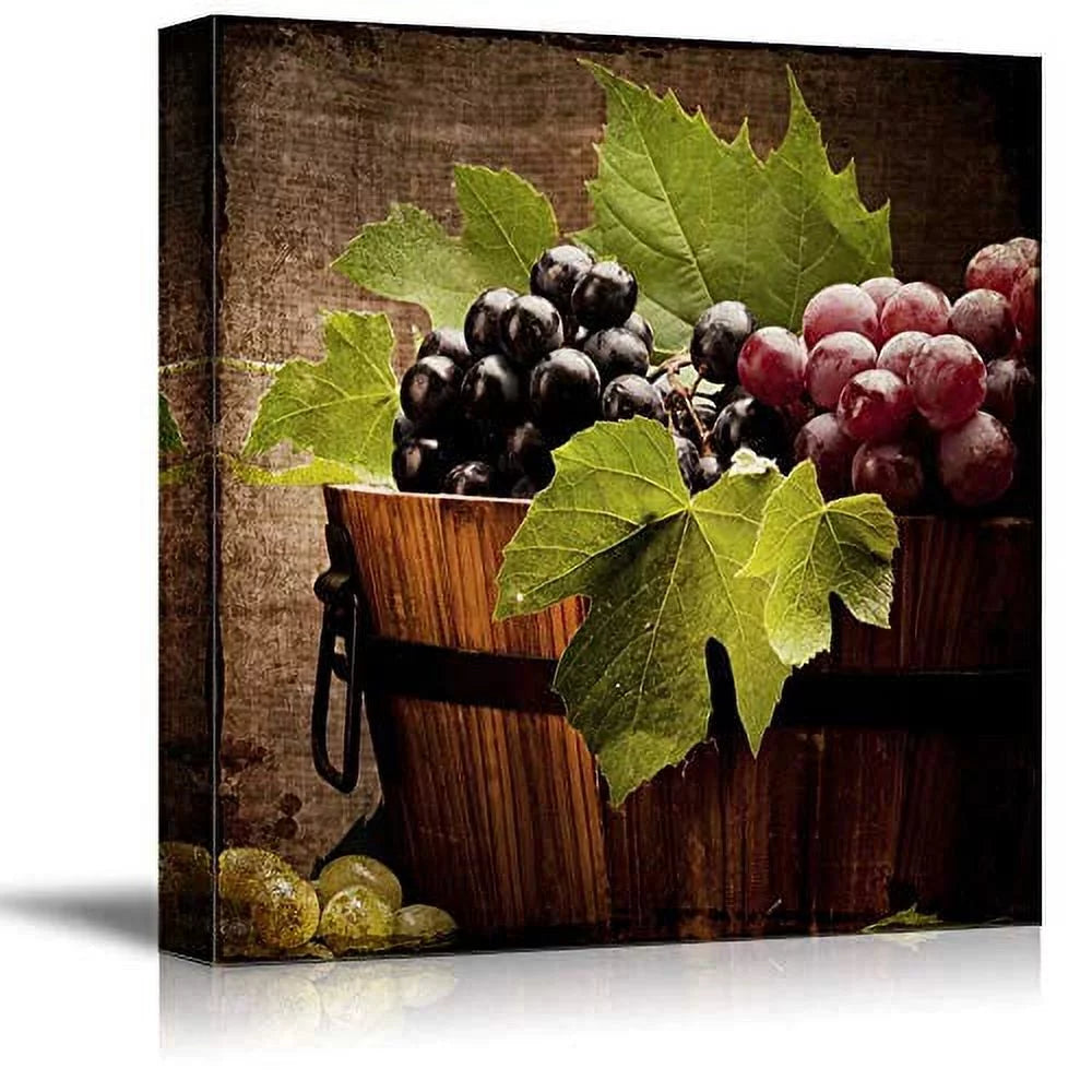 Square Canvas Wall Art Grapes in a Wooden Barrel 16x16 inches F4727