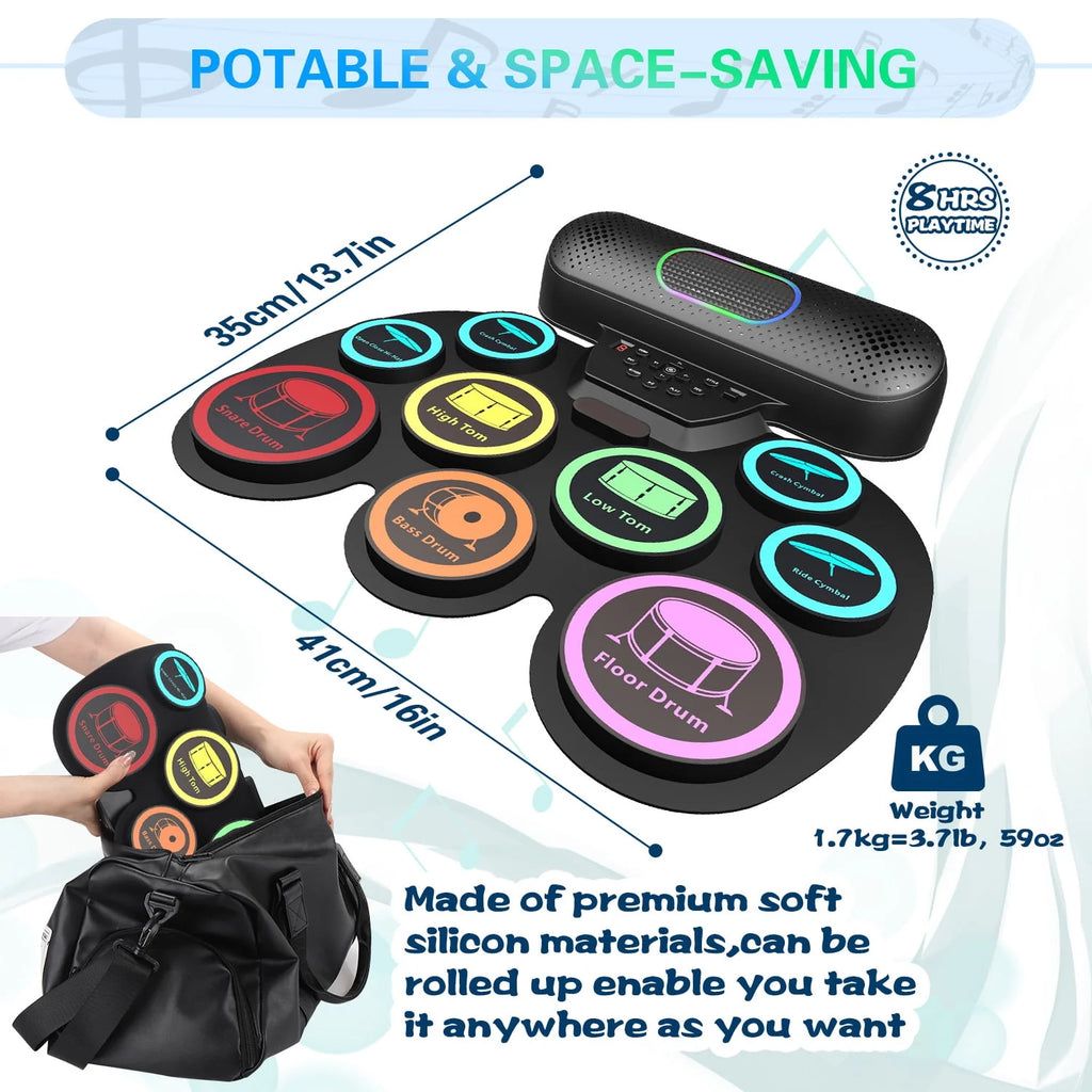 Electronic Drum Set 9 Pads Portable MIDI Roll-up Drum Kit Y423