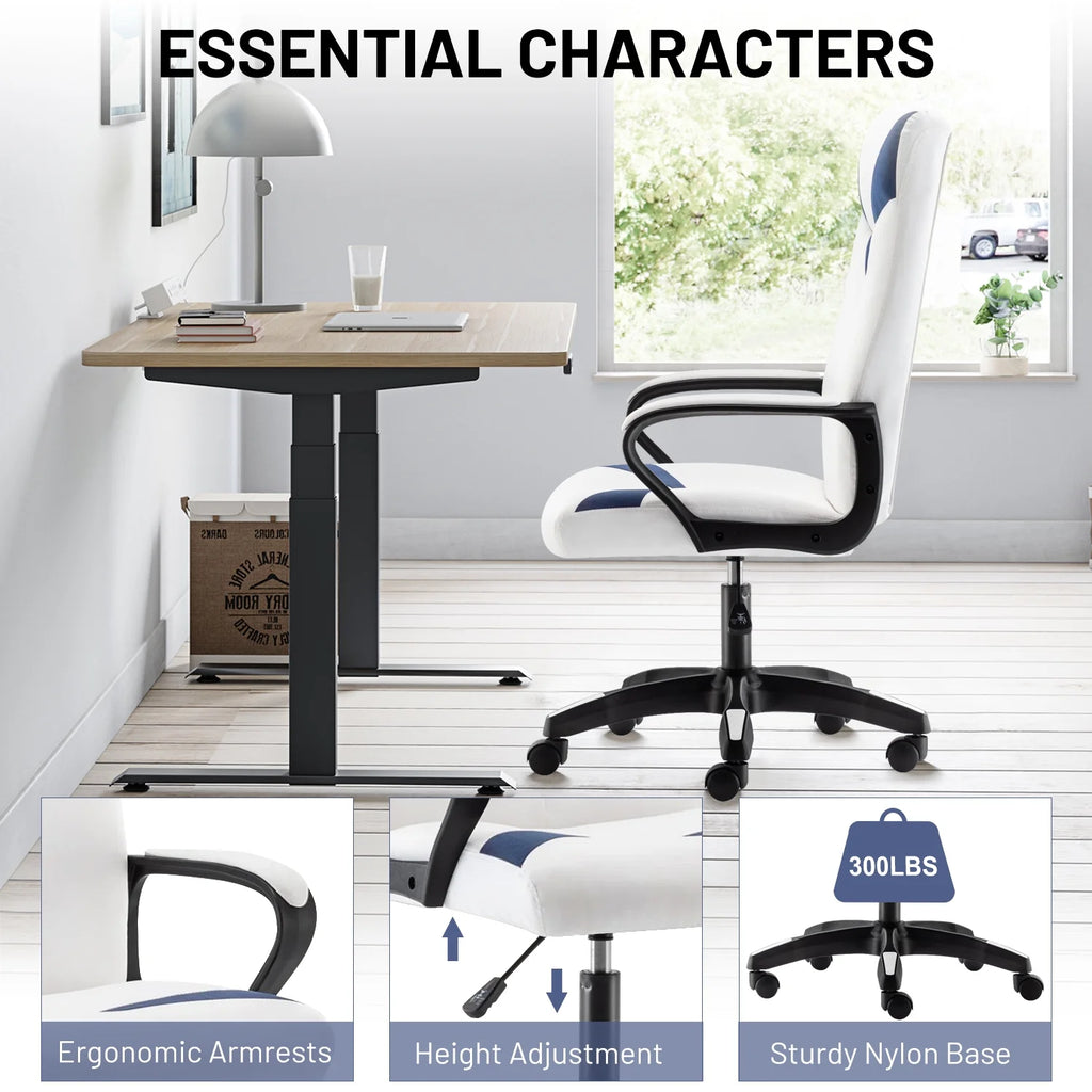 Adjustable High Back Leather Swivel Office Chair with Wheels, White and Blue W401262