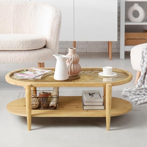 2-Tier Round Rattan Coffee Table with Tempered Glass Top and Wood Legs C881473