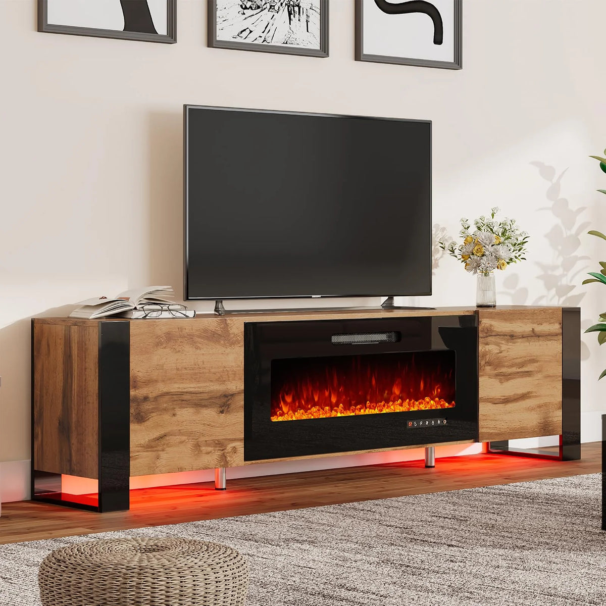 80" Fireplace TV Stand with LED Lights, Rustic Oak K701502
