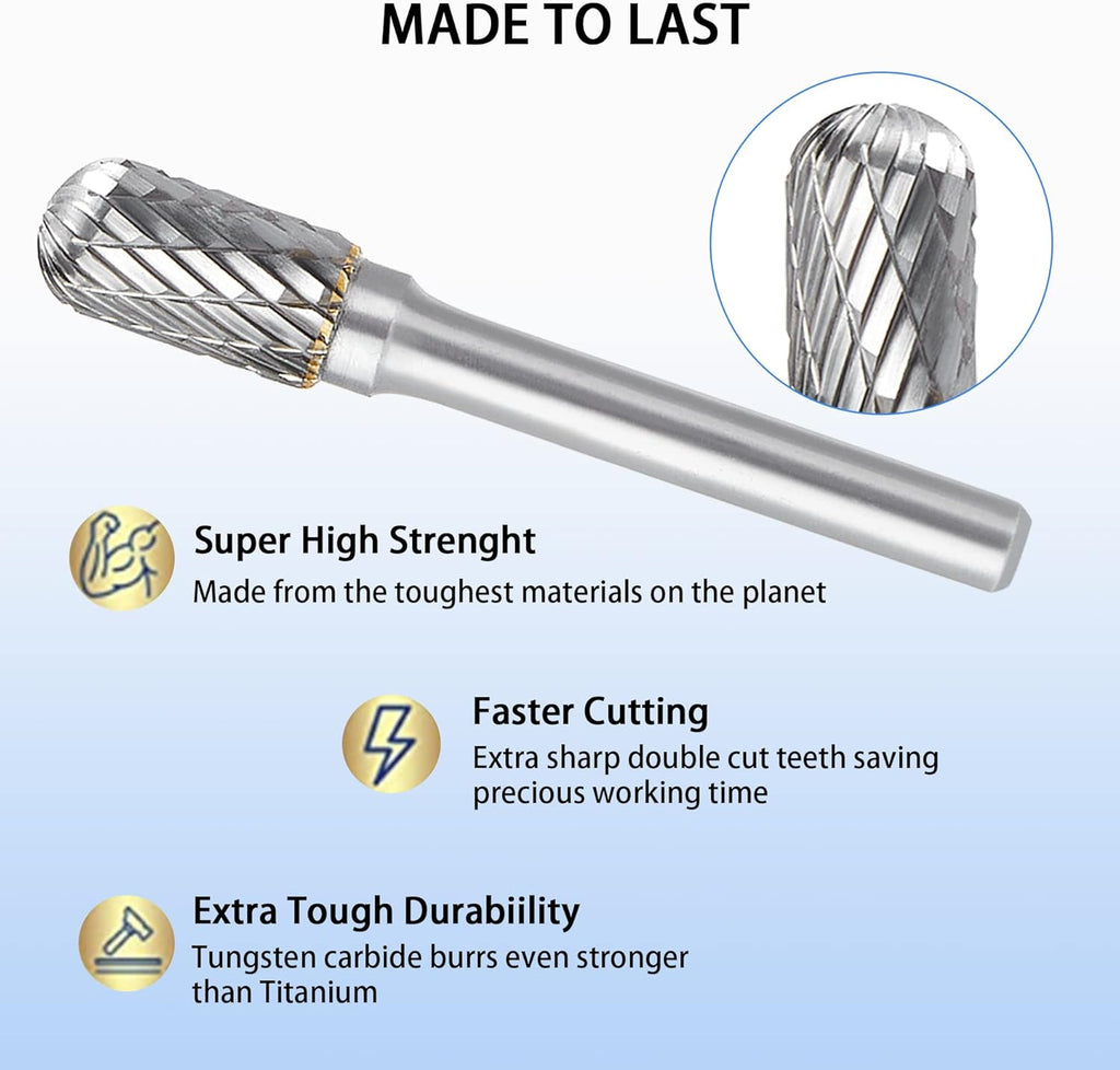 Double Cut Carbide Burr Set, 1/4 Inch Shank, 10MM Head, Solid Carbide Rotary Burr File Set, Pack of 2 F51897