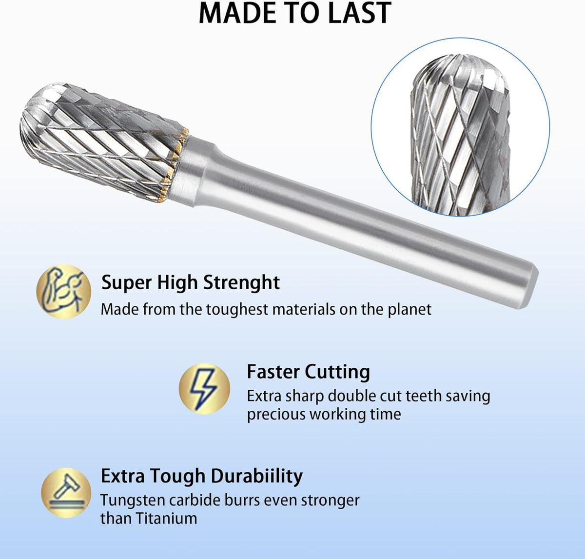 Double Cut Carbide Burr Set, 1/4 Inch Shank, 10MM Head, Solid Carbide Rotary Burr File Set, Pack of 2 F51897