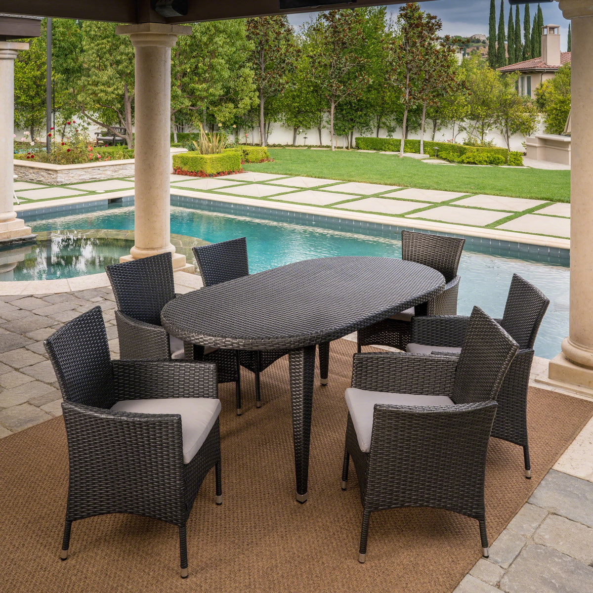 7 Piece Wicker Oval Dining Set with Cushions Z48412